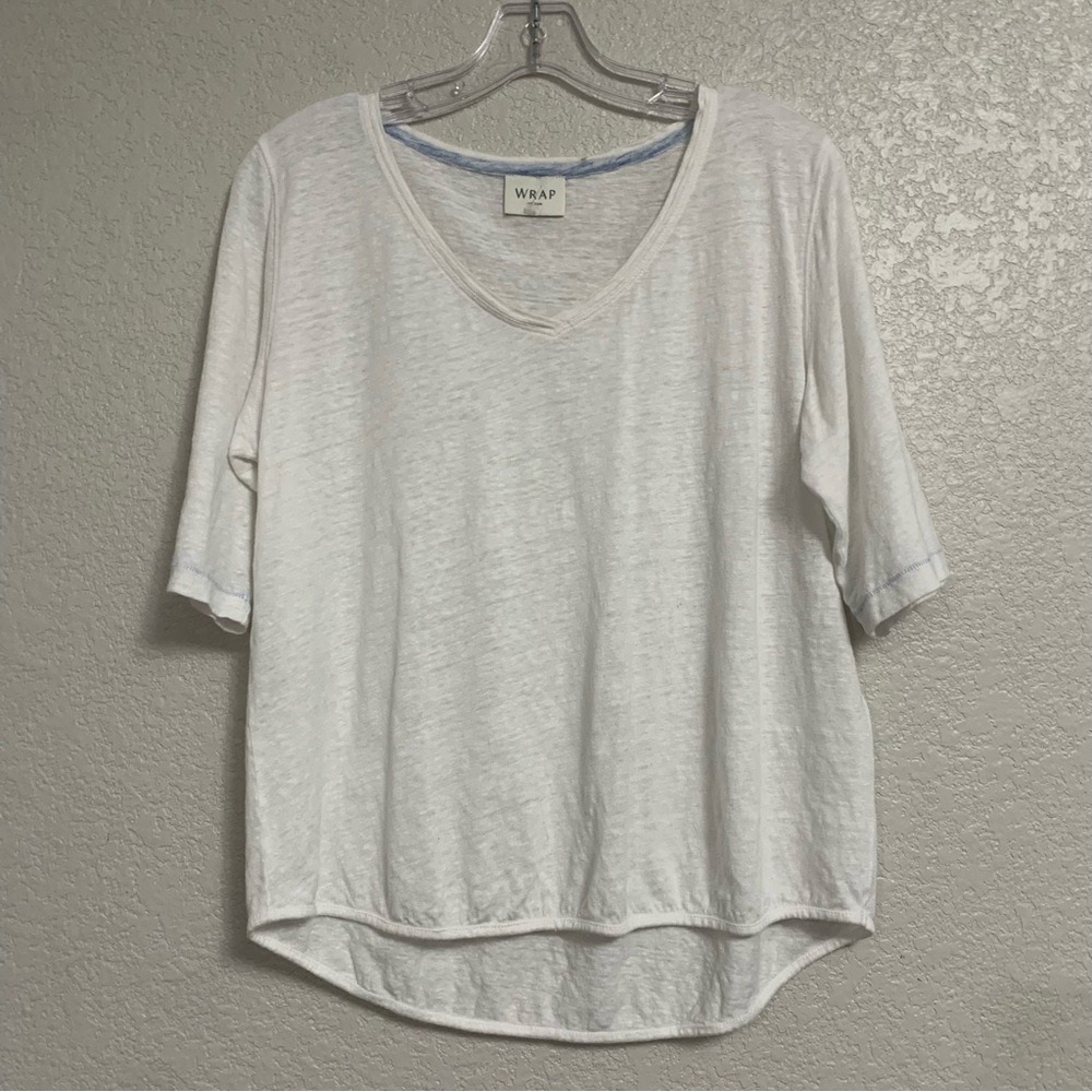 Wrap London Tee Top Womens 12 L Linen Short Half Sleeve Vneck Lagenlook White